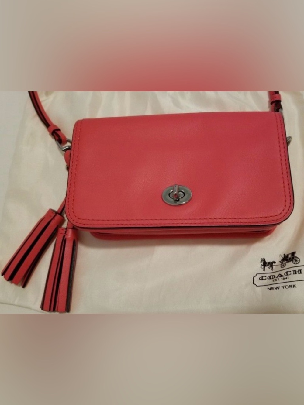Coach Coral Pink Leather Crossbody Clutch with Tassel